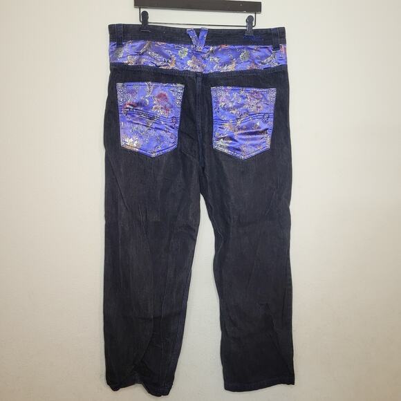 MGI Denim Jeans Dark Wash Metallic Asian Brocade Hip Hop Sz W40/L32 - Picture 1 of 6